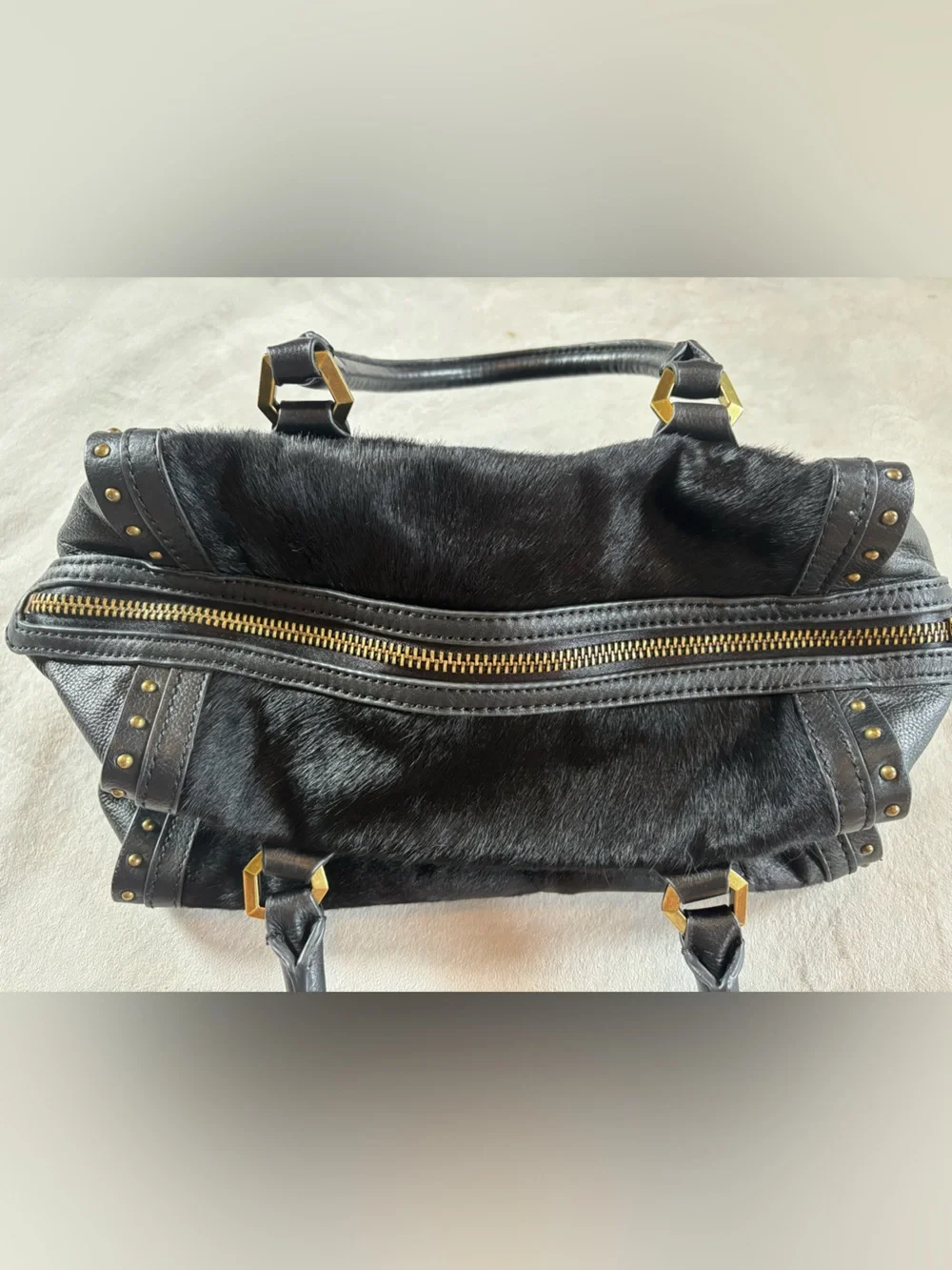 orYANY Brenda Black Calf Hair Leather Studded Satchel Bag